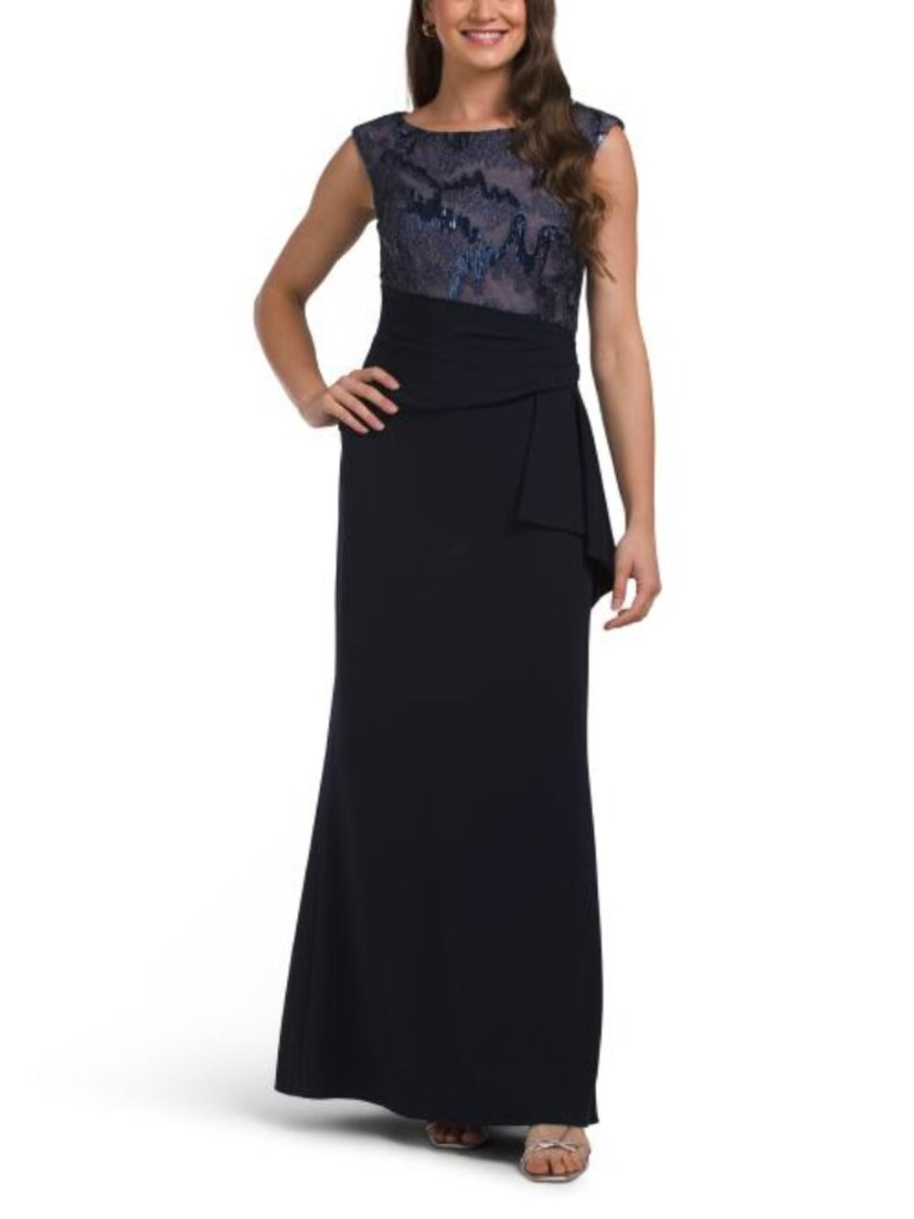 BRIANNA MILAY Metallic Embroidered Side Cascade Gown